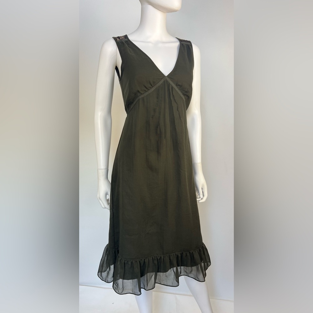 Banana Republic Y2K Velvet Trim Slip Midi Dress Olive Green 2006‎ Size 2